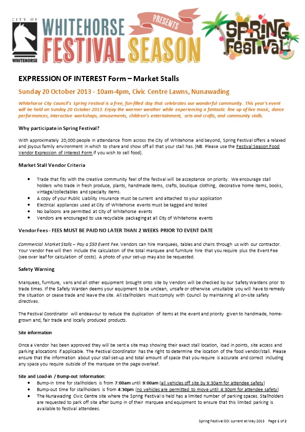 EXPRESSION of INTEREST Form Market Stalls