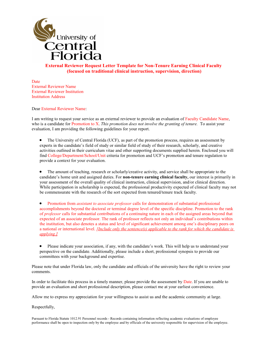 External Reviewer Request Letter Template for Non-Tenure Earning Clinical Faculty (Focused