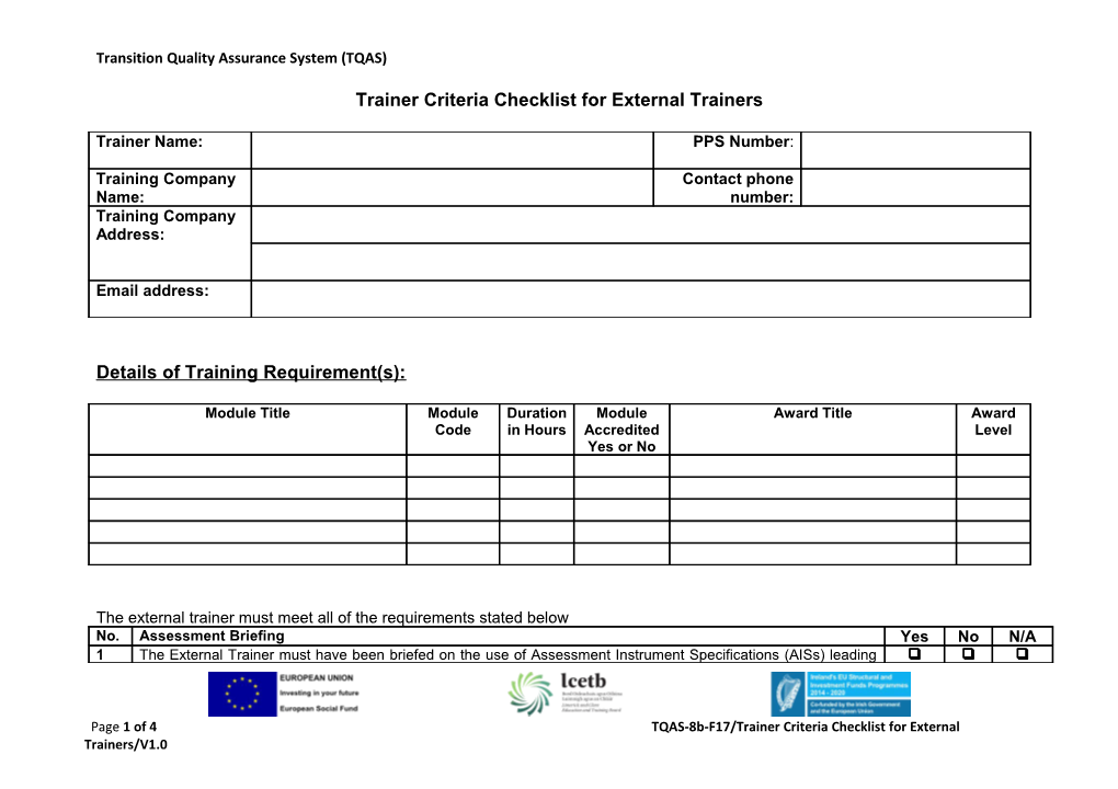 External Trainer Qualifications And Relevant Work Experience Checklist 