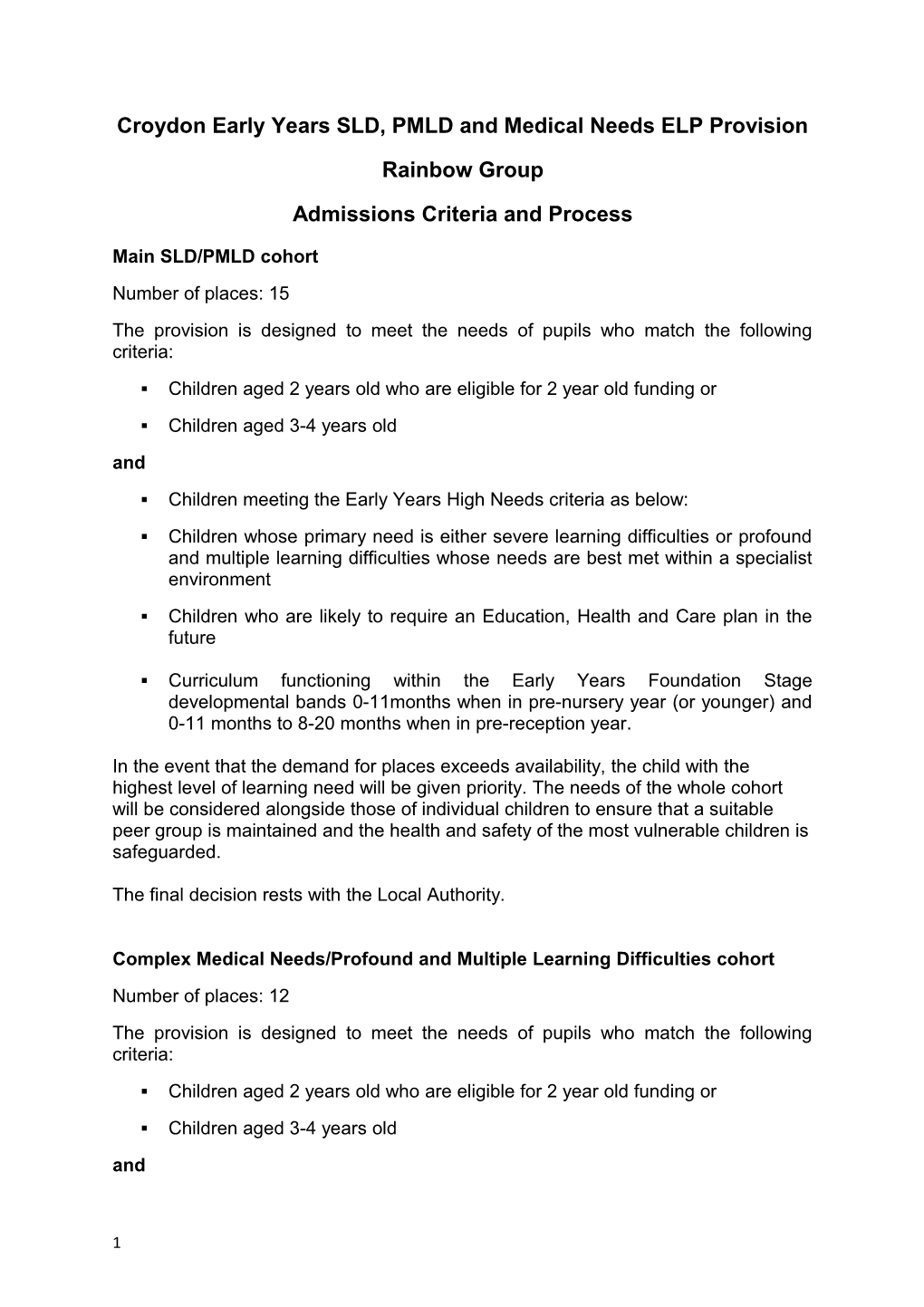 EY ELP Admissions Criteria and Process September 2015