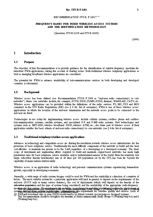 F.1401 - Frequency Bands for Fixed Wireless Access Systems and the Identification Methodology