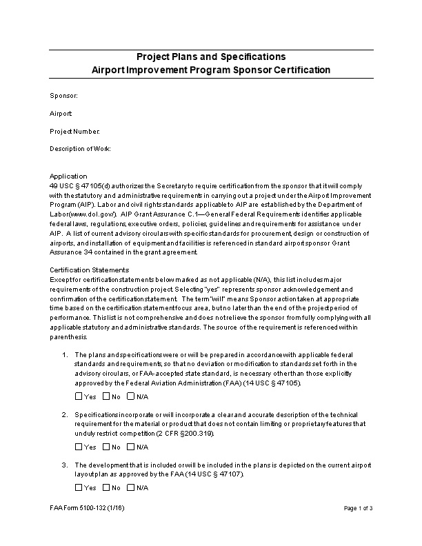 FAA Form 5100-132, Project Plans and Specifications Airport Improvement Program Sponsor