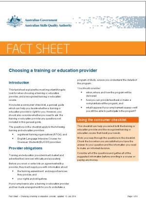 Fact Sheet Choosing a Training Or Education Provider