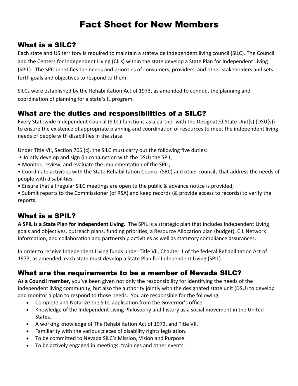Fact Sheet for New Members