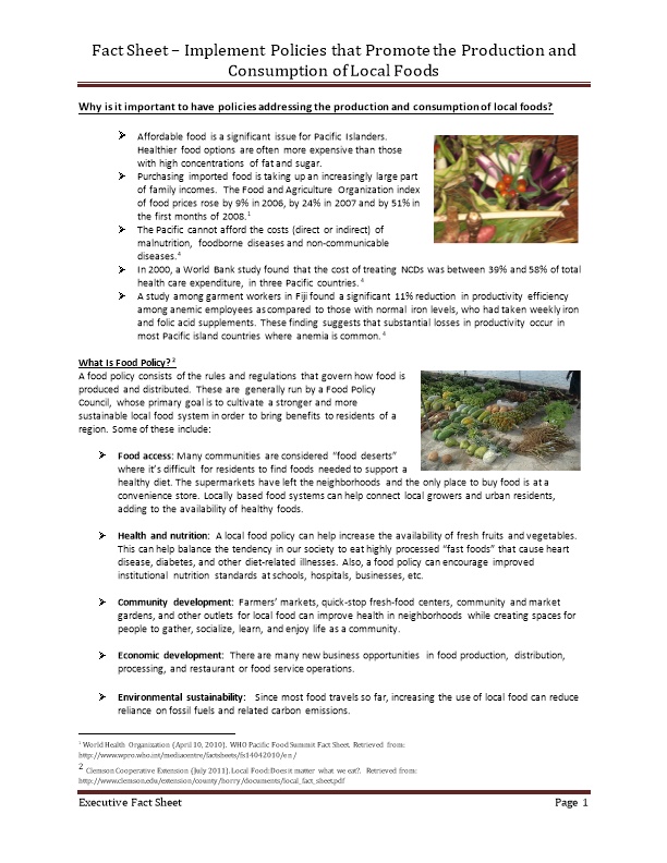 Fact Sheet Implement Policies That Promote the Production and Consumption of Local Foods