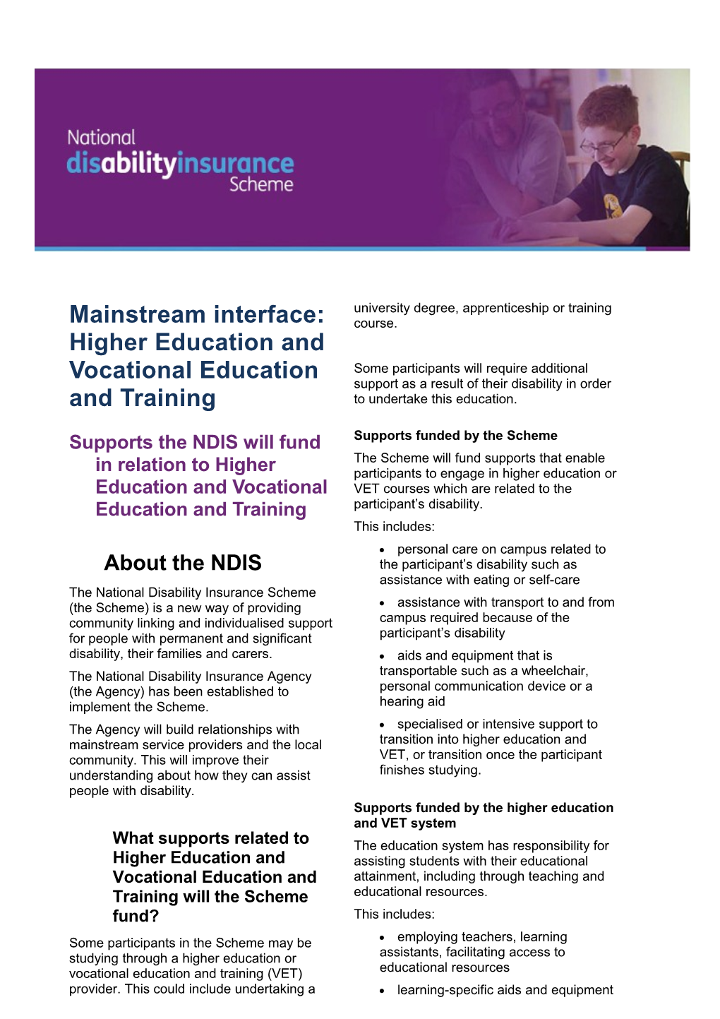 Fact Sheet: Supports the NDIS Will Fund in Relation to Higher Education and Vocational Training