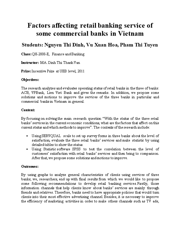 Factors Affecting Retail Banking Service of Some Commercial Banks in Vietnam