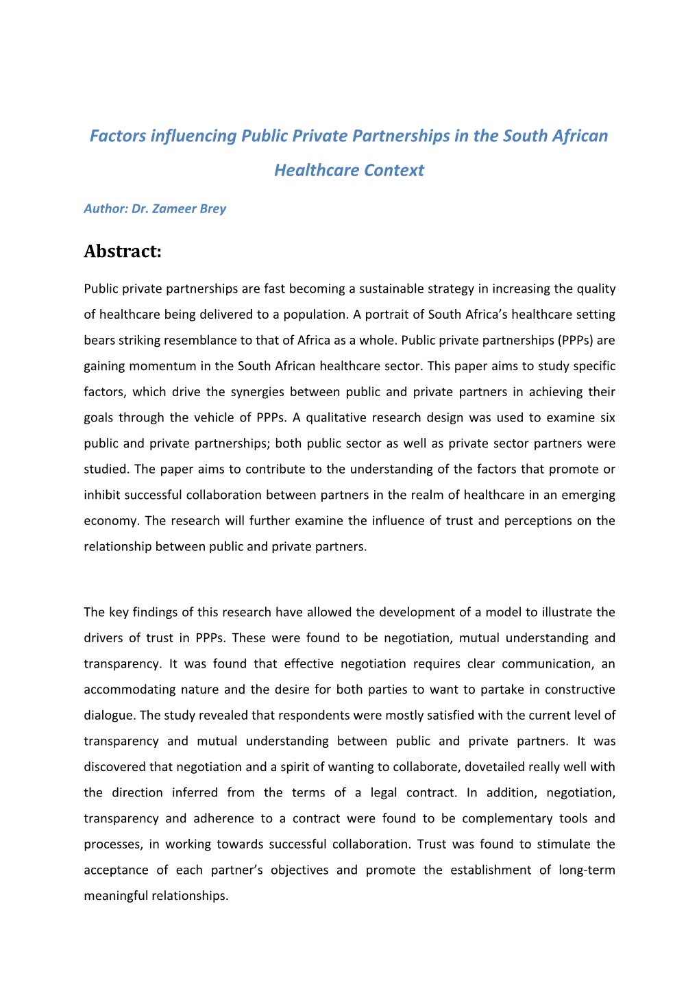 Factors Influencing Public Private Partnerships in the South African Healthcare Contex