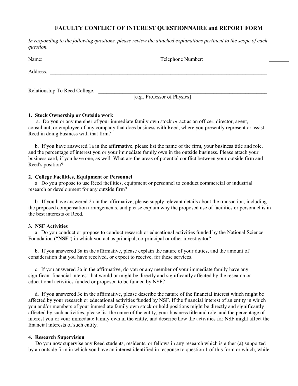 FACULTY CONFLICT of INTEREST QUESTIONNAIRE and REPORT FORM