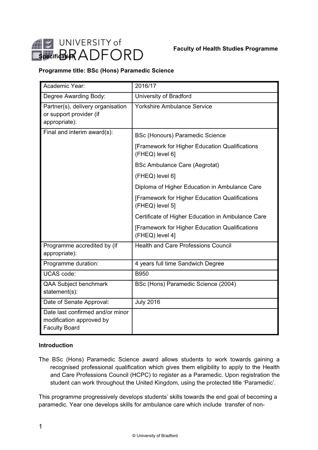 Faculty Ofhealth Studiesprogramme Specification