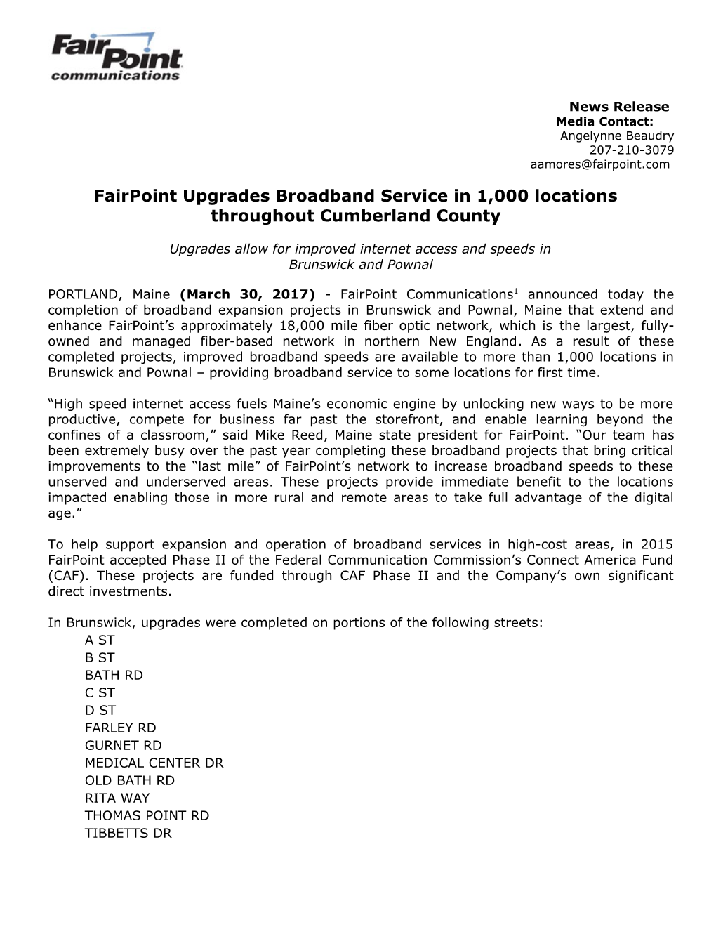 Fairpoint Upgrades Broadband Service in 1,000 Locations Throughout Cumberland County