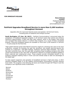 Fairpoint Upgrades Broadband Service in More Than 5,100 Locations Throughout Vermont