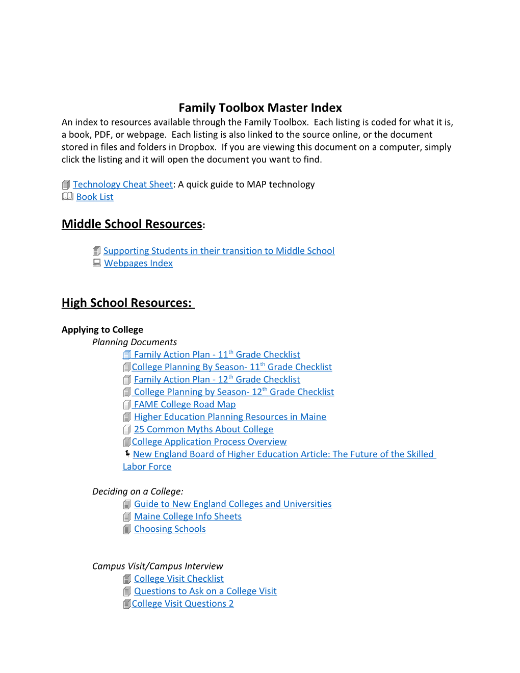 Family Toolbox Master Index