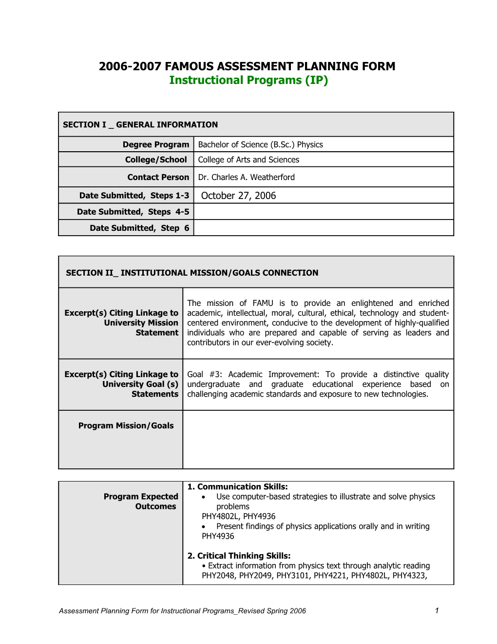 Famu Assessment Planning Form Ip