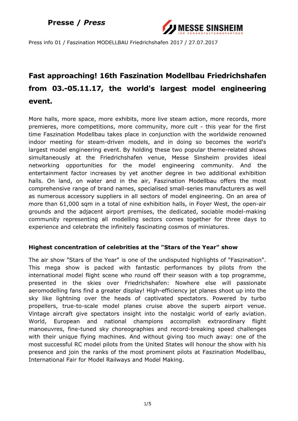 Fast Approaching! 16Thfaszination Modellbau Friedrichshafenfrom 03.-05.11.17, the World's