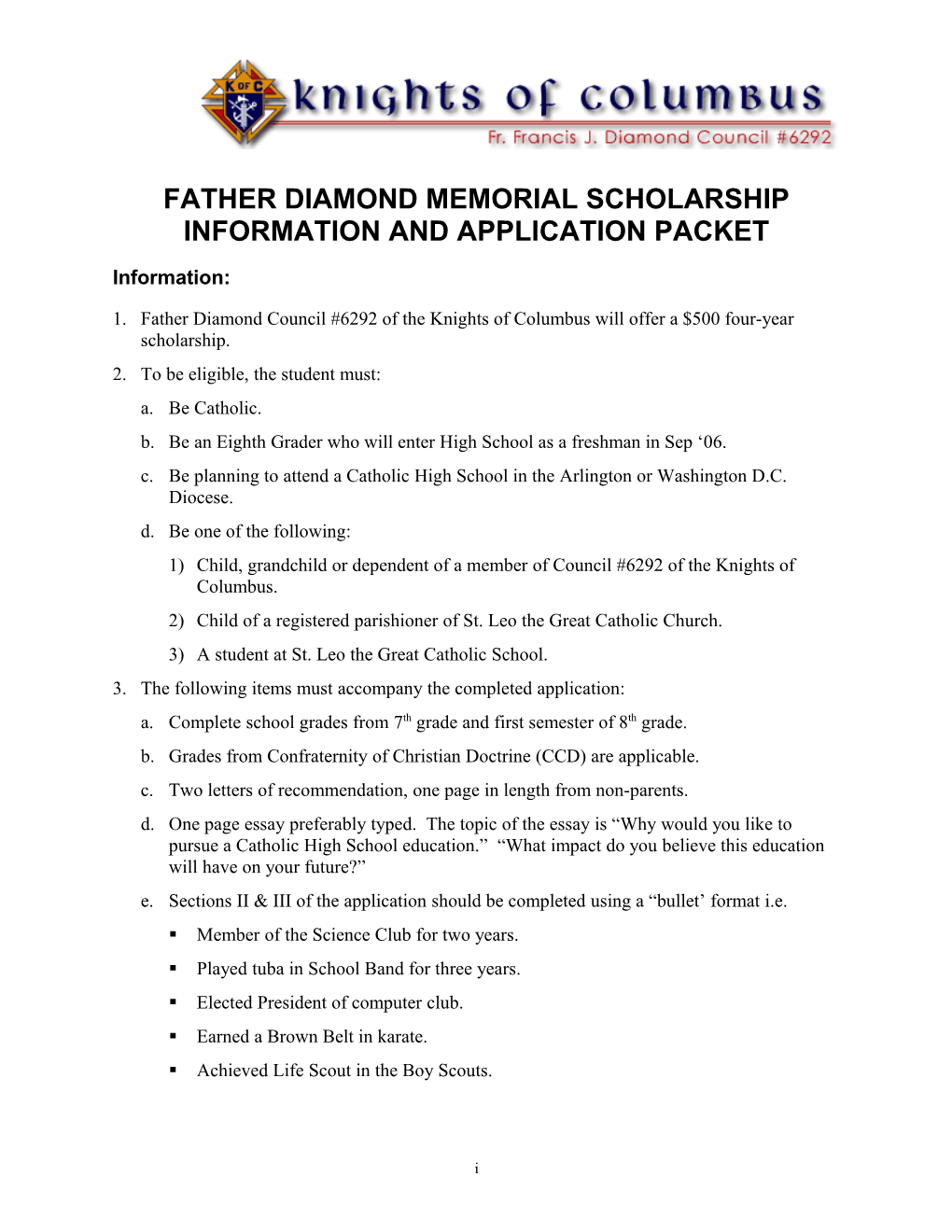 Father Diamond Memeoiral Scholarhsip