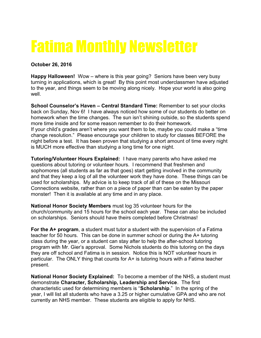 Fatima Monthly Newsletter