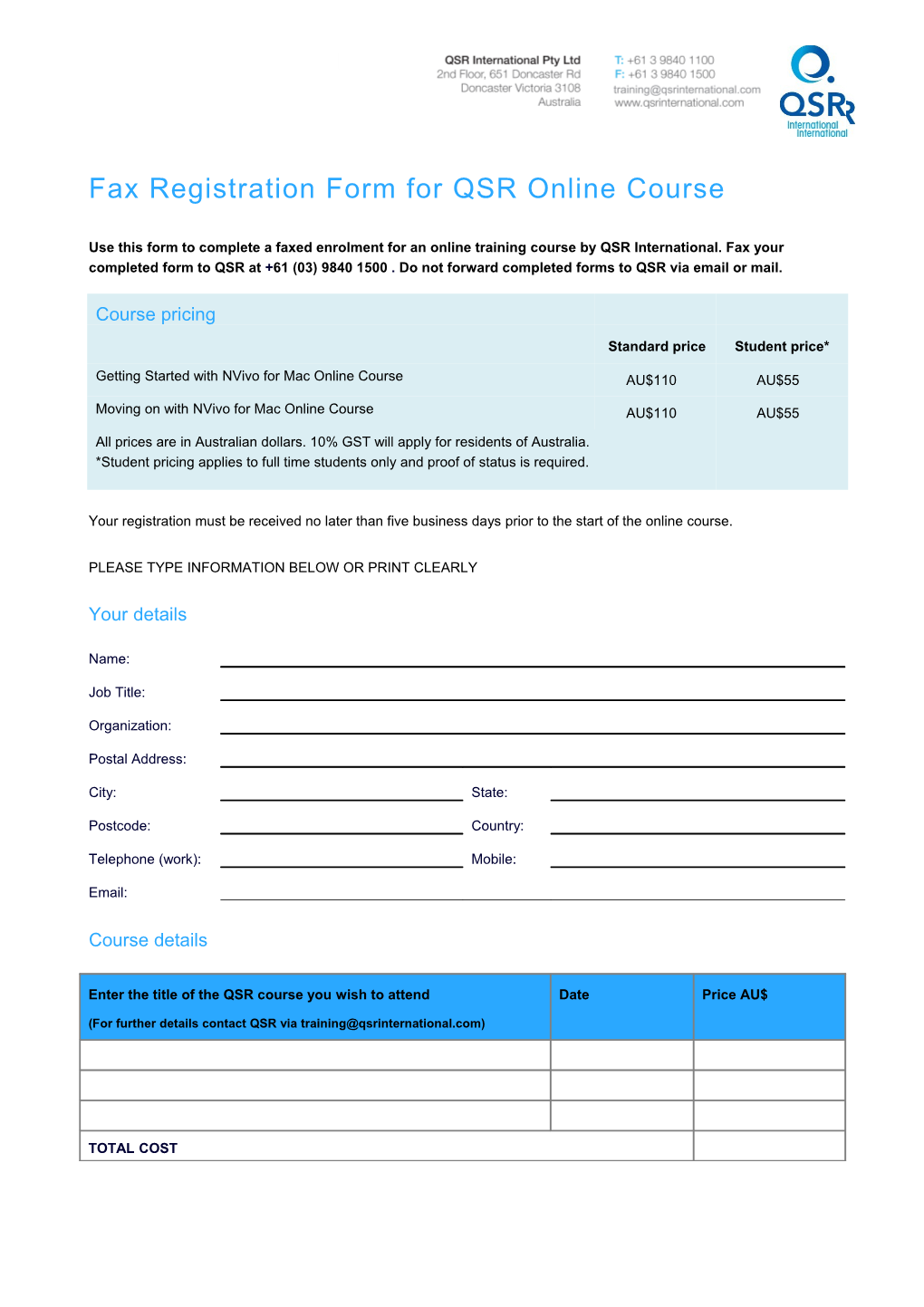 Fax Enrolment Form for QSR Eworkshop (AUS)