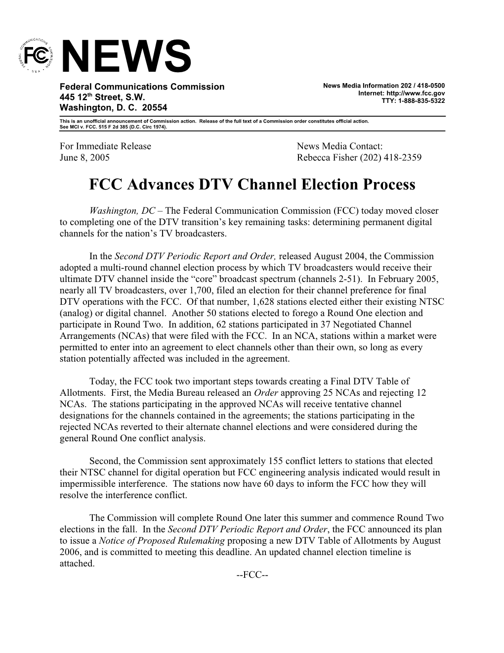 FCC Advances DTV Channel Election Process