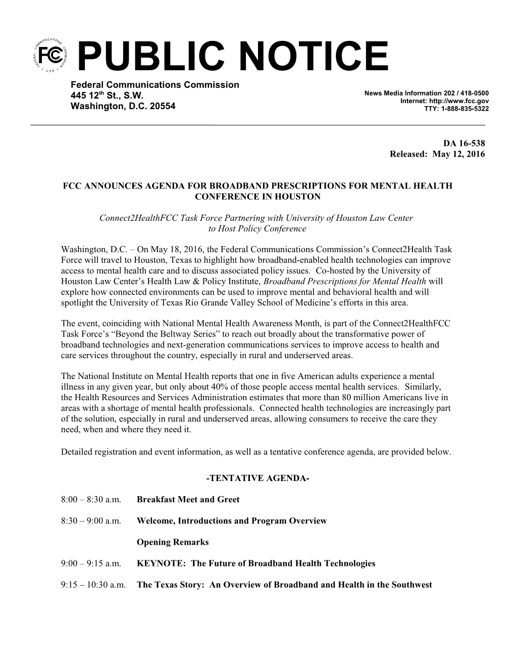 Fcc Announces Agenda for Broadband Prescriptions for Mental Health Conference in Houston