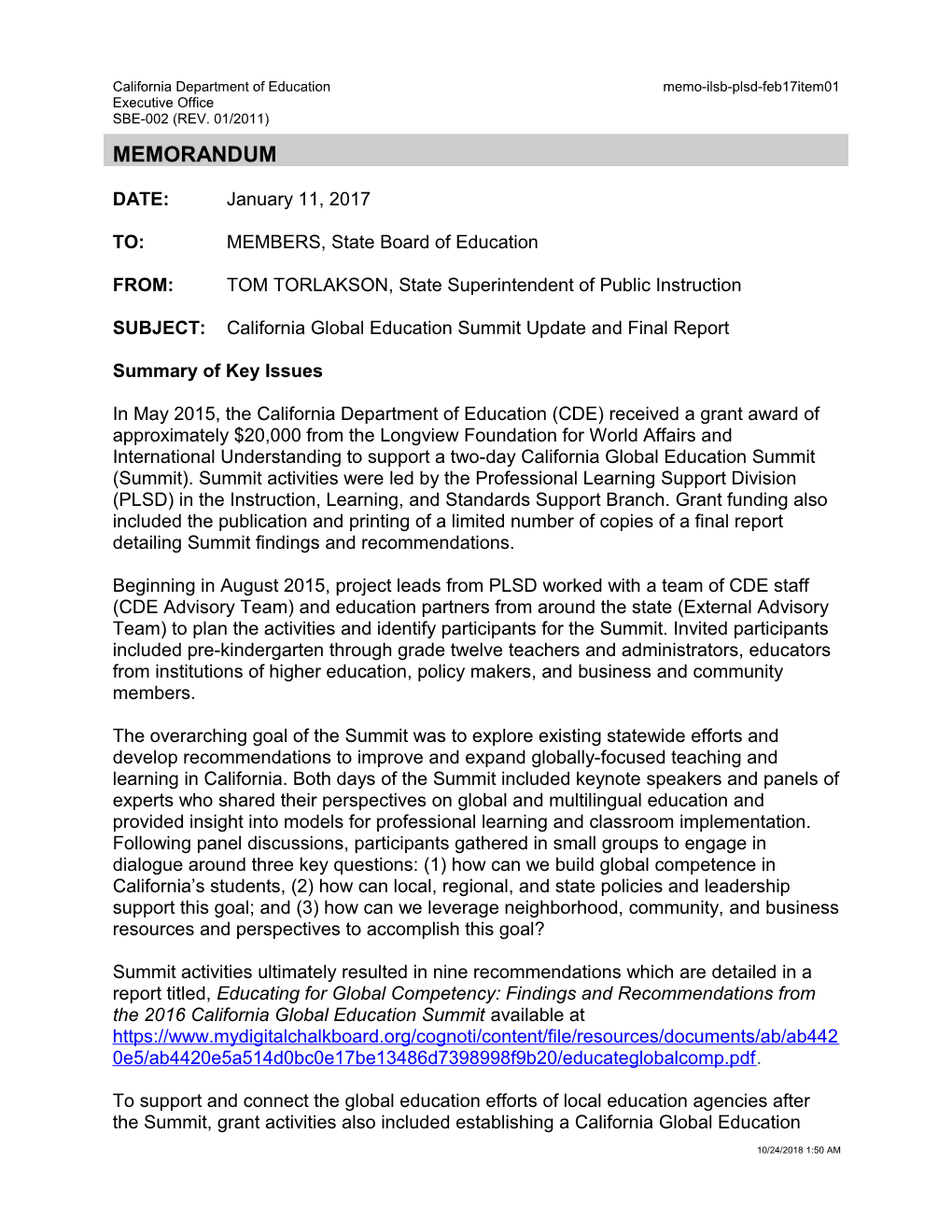 February 2017 Memorandum PLSD Item 01 - Information Memorandum (CA State Board of Education)