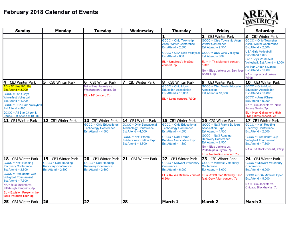 February 2018 Calendar of Events