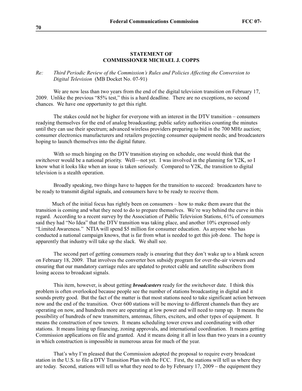 Federal Communications Commission FCC 07-70