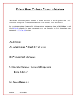 Federal Grant Technical Manual Addendum