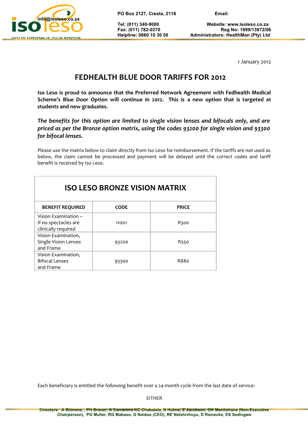 Fedhealth Blue Door Tariffs for 2012