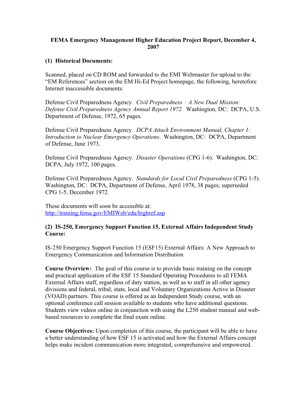 FEMA Emergency Management Higher Education Project Report, December 4, 2007