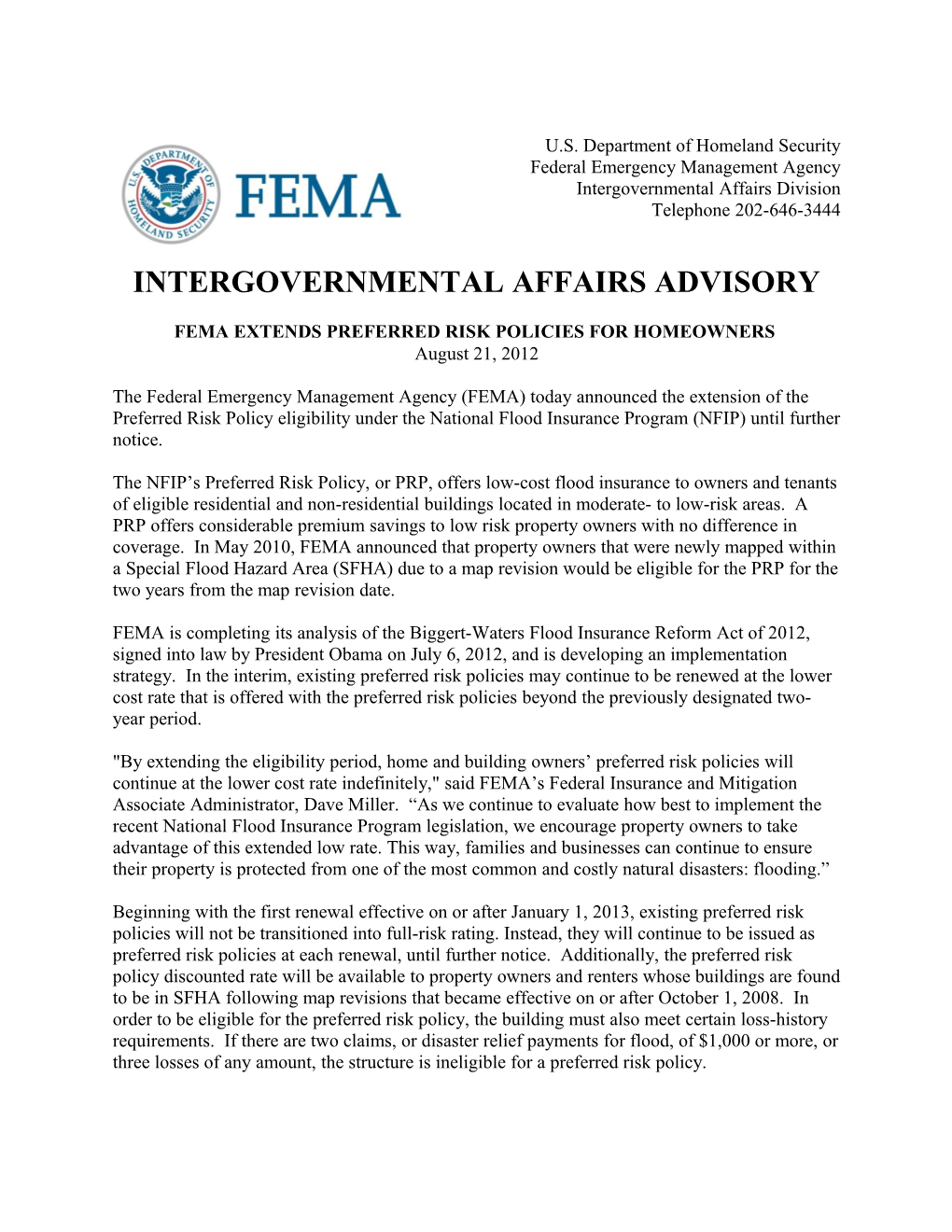 Fema Extends Preferred Risk Policies for Homeowners