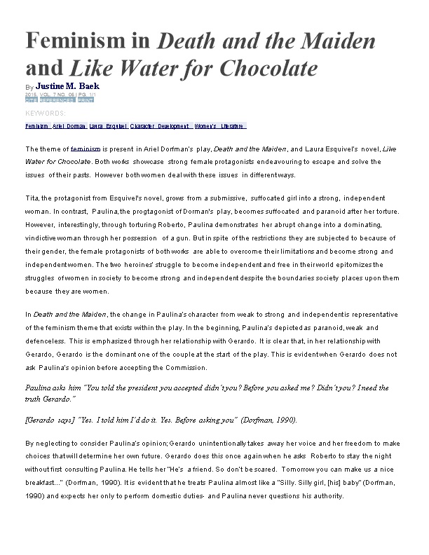 Feminism in Death and the Maiden and Like Water for Chocolate