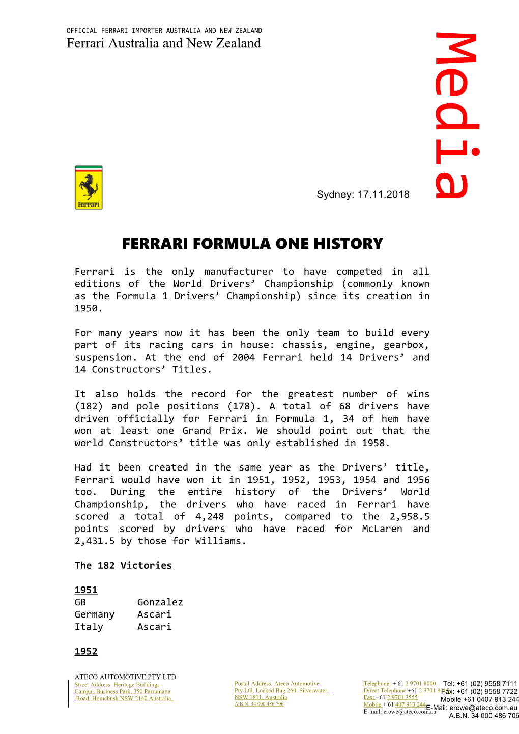 Ferrari Formula One History
