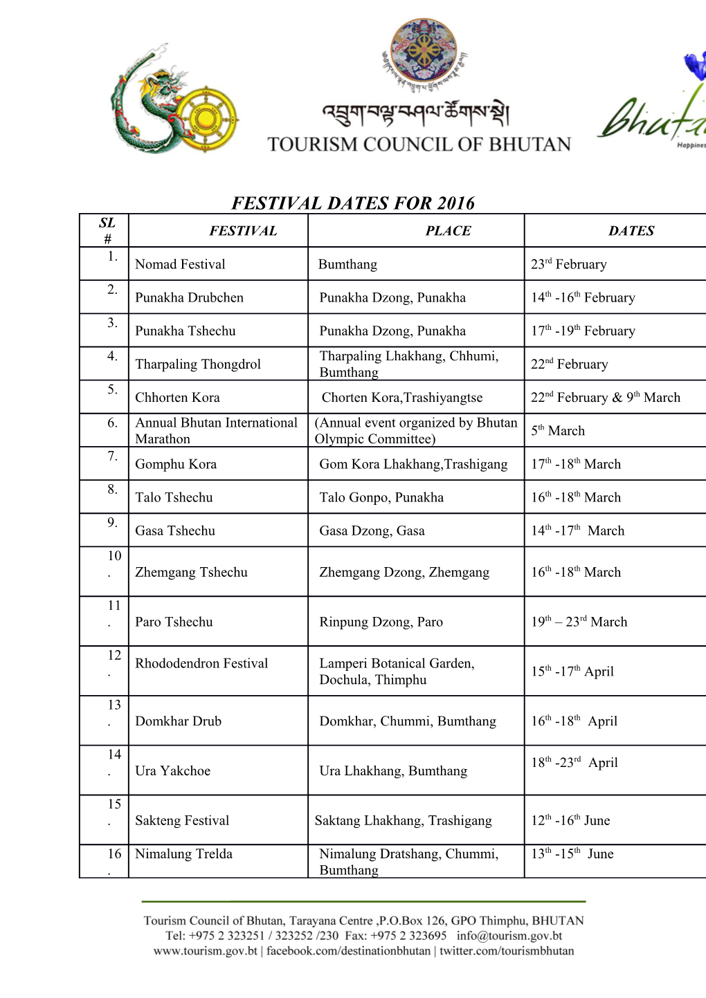 Festival Dates for 2016