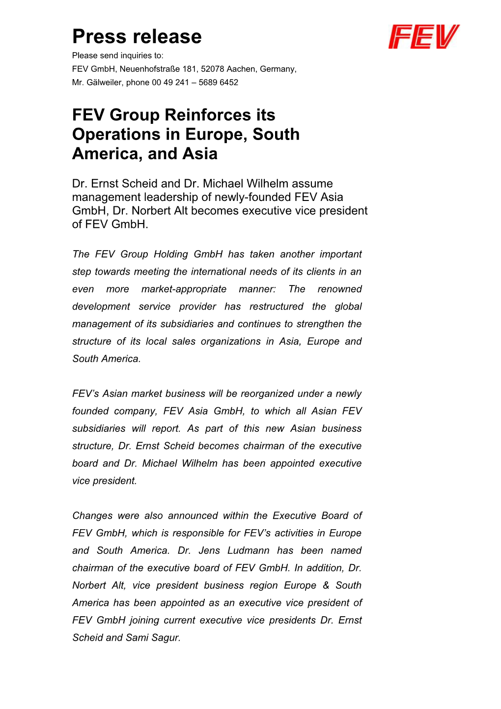FEV Group Reinforces Its Operations in Europe, South America, and Asia