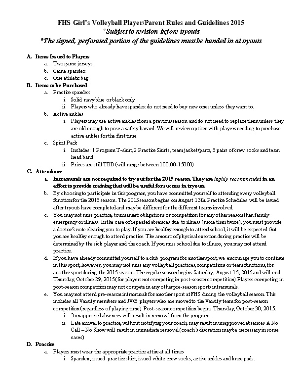 FHS Girl S Volleyball Player/Parent Rules and Guidelines 2015