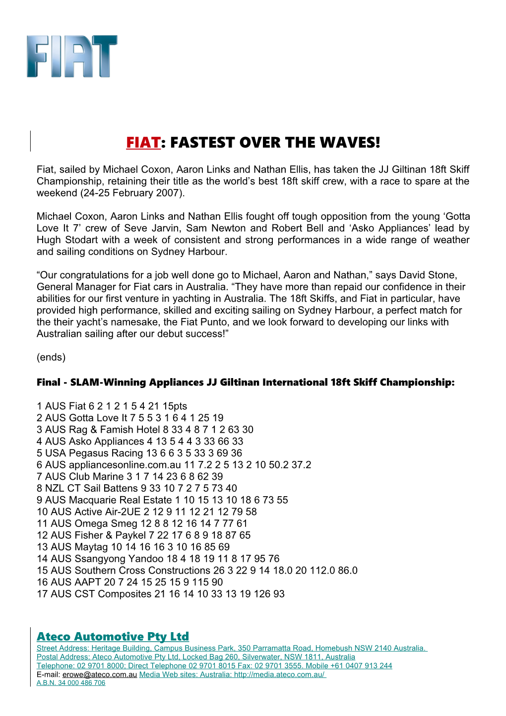 Fiat : Fastest Over the Waves!