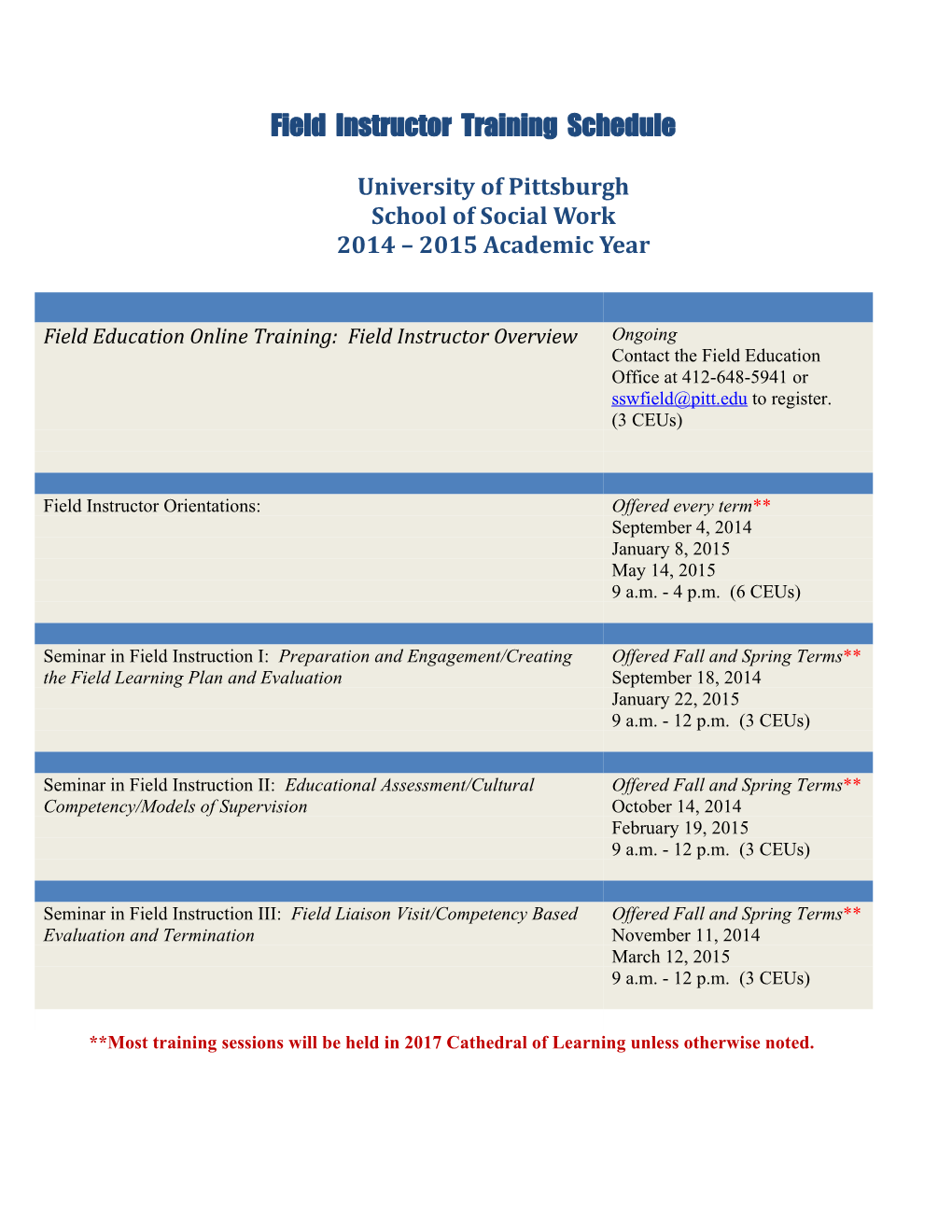 Field Instructor Training Schedule University of Pittsburghschool of Social Work2014 2015