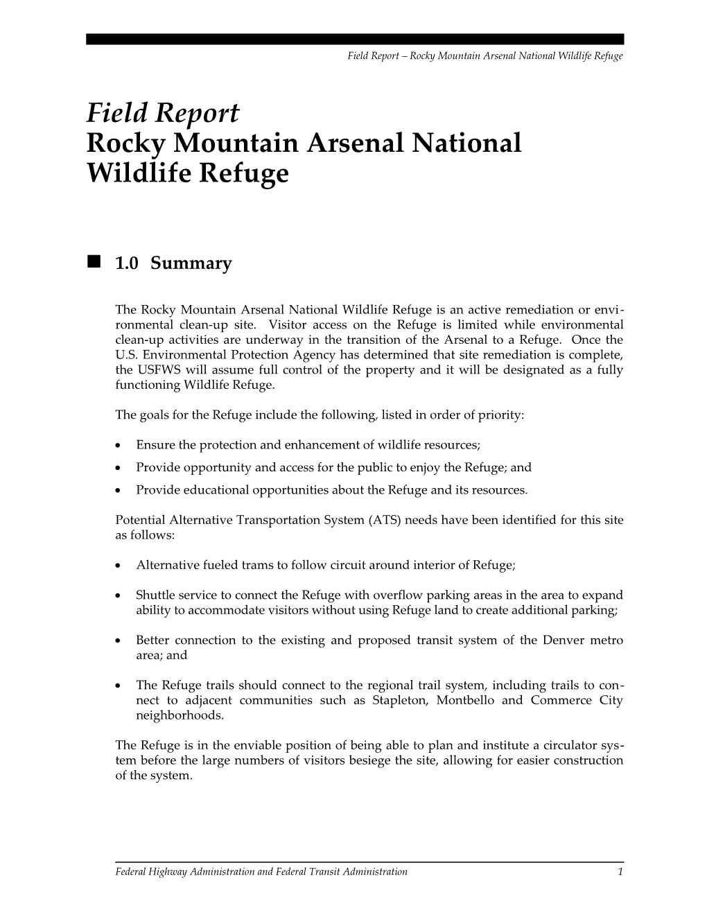Field Report Rocky Mountain Arsenal National Wildlife Refuge