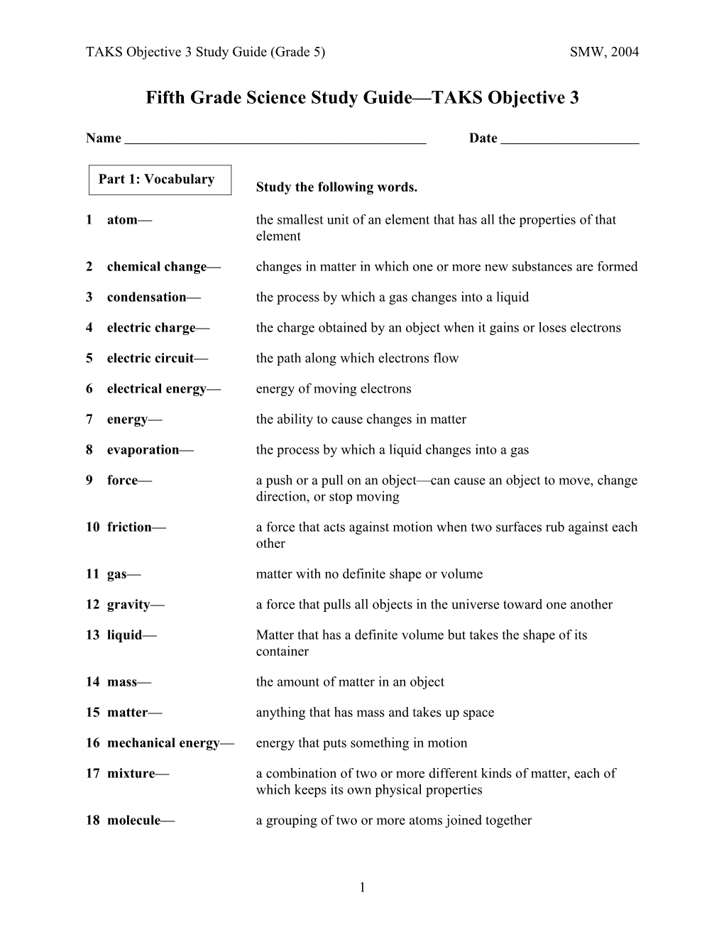 Fifth Grade Science Study Guide TAKS Objective 1