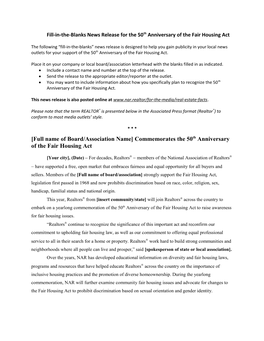 Fill-In-The-Blanks News Release for the 50Th Anniversary of the Fair Housing Act