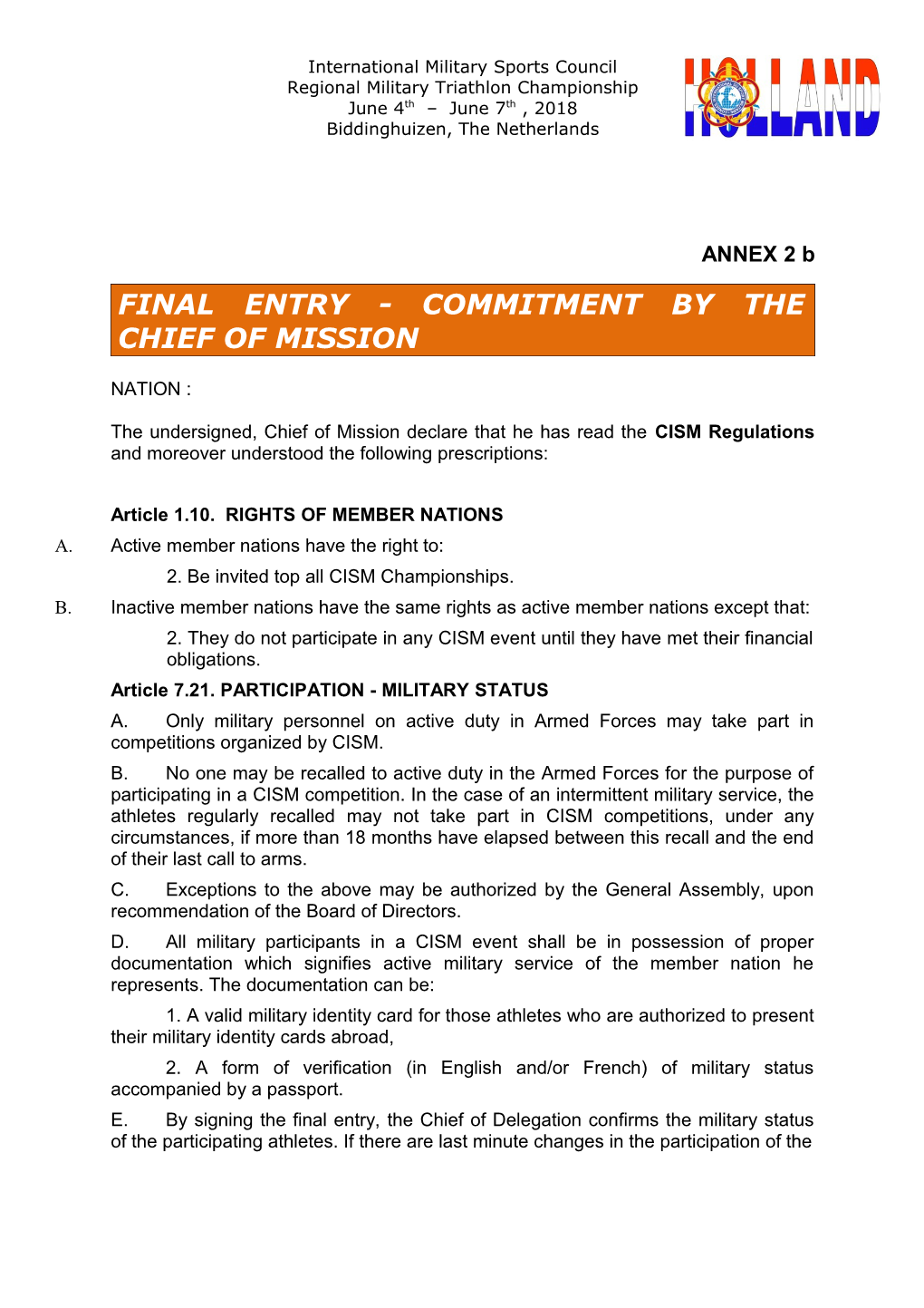 Final Entry - COMMITMENT by the CHIEF of MISSION
