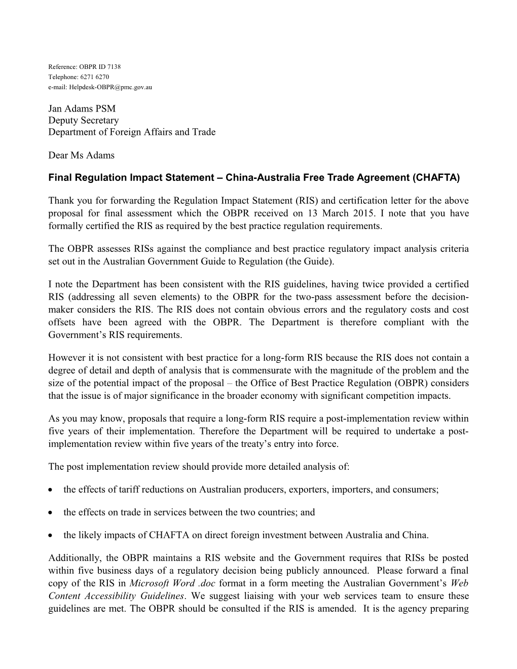 Finalregulation Impact Statement China-Australia Free Trade Agreement (CHAFTA)
