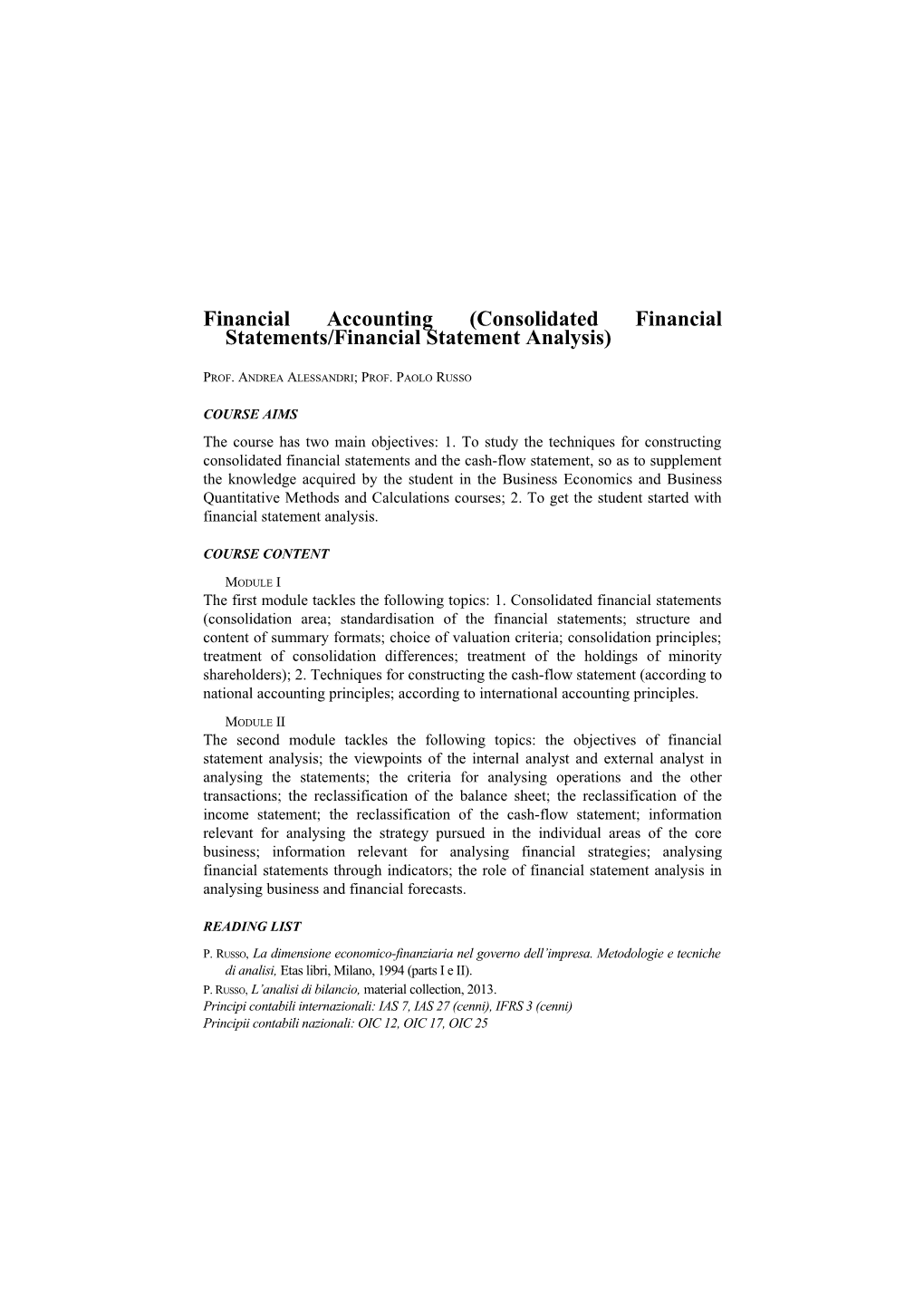 Financial Accounting(Consolidated Financial Statements/Financial Statement Analysis)