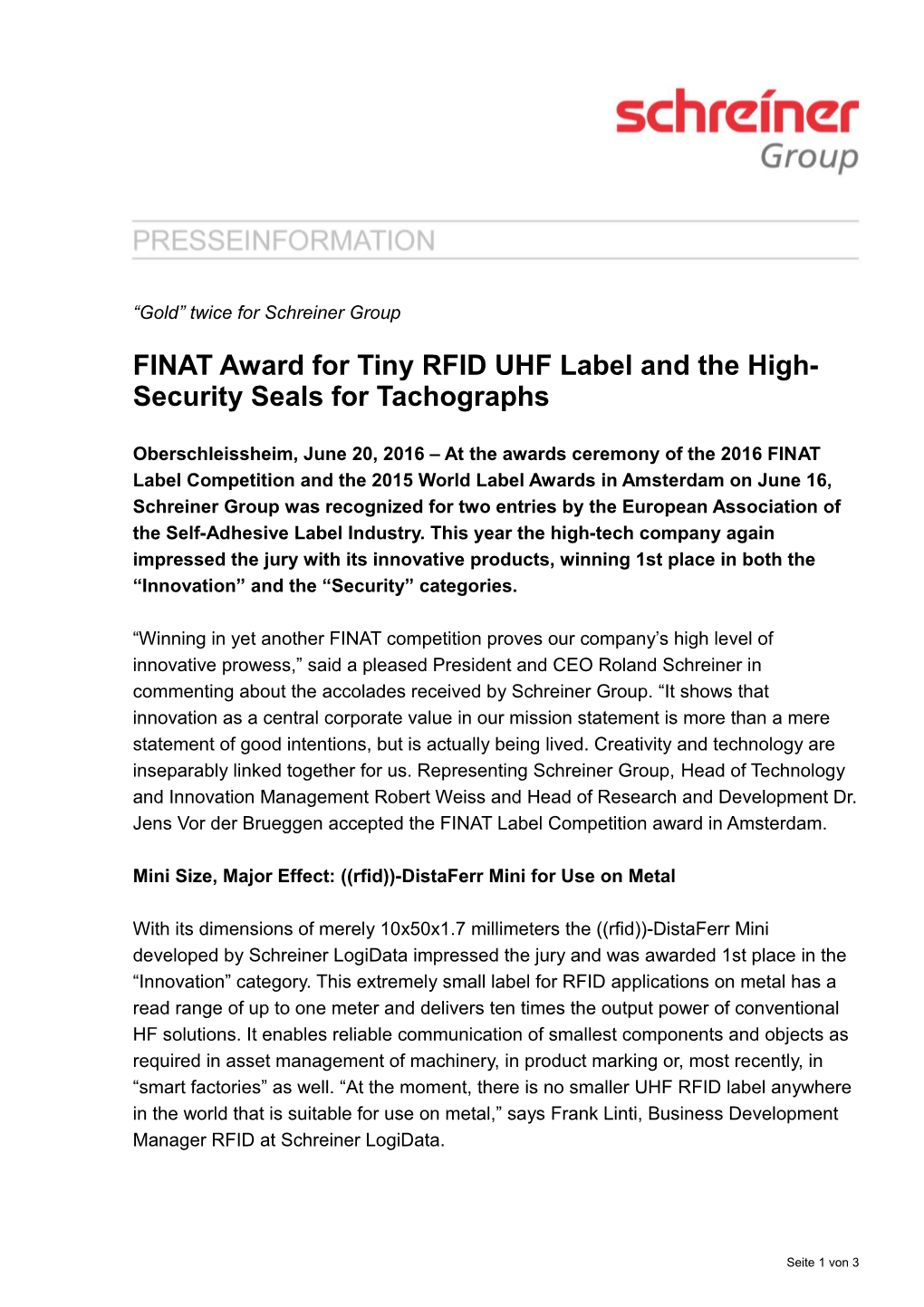 Finataward for Tiny Rfiduhflabel Andthe High-Security Seals for Tachographs