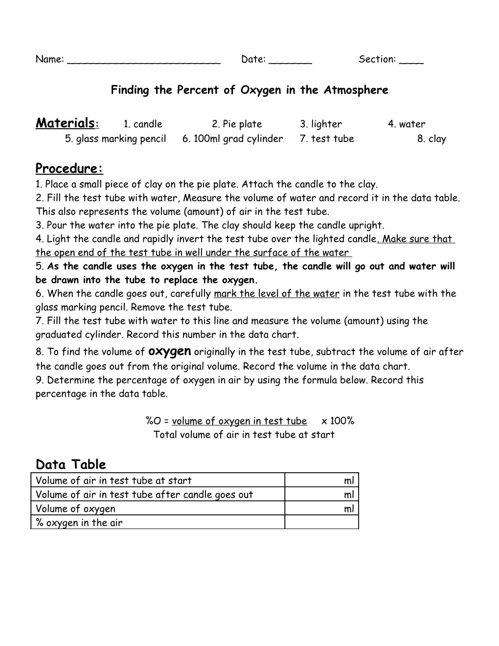 Finding the Percent of Oxygen in the Atmosphere