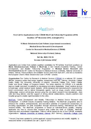First Call for Applications to the CÚRAM Medtrain Fellowship Programme (2016)