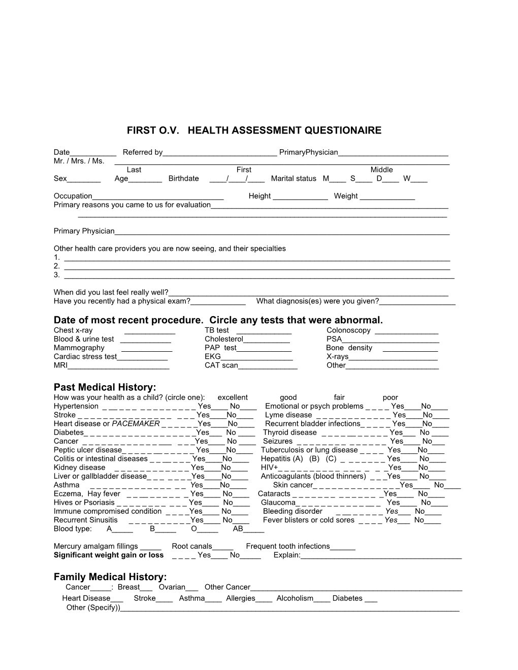 First O.V. Health Assessment Questionaire