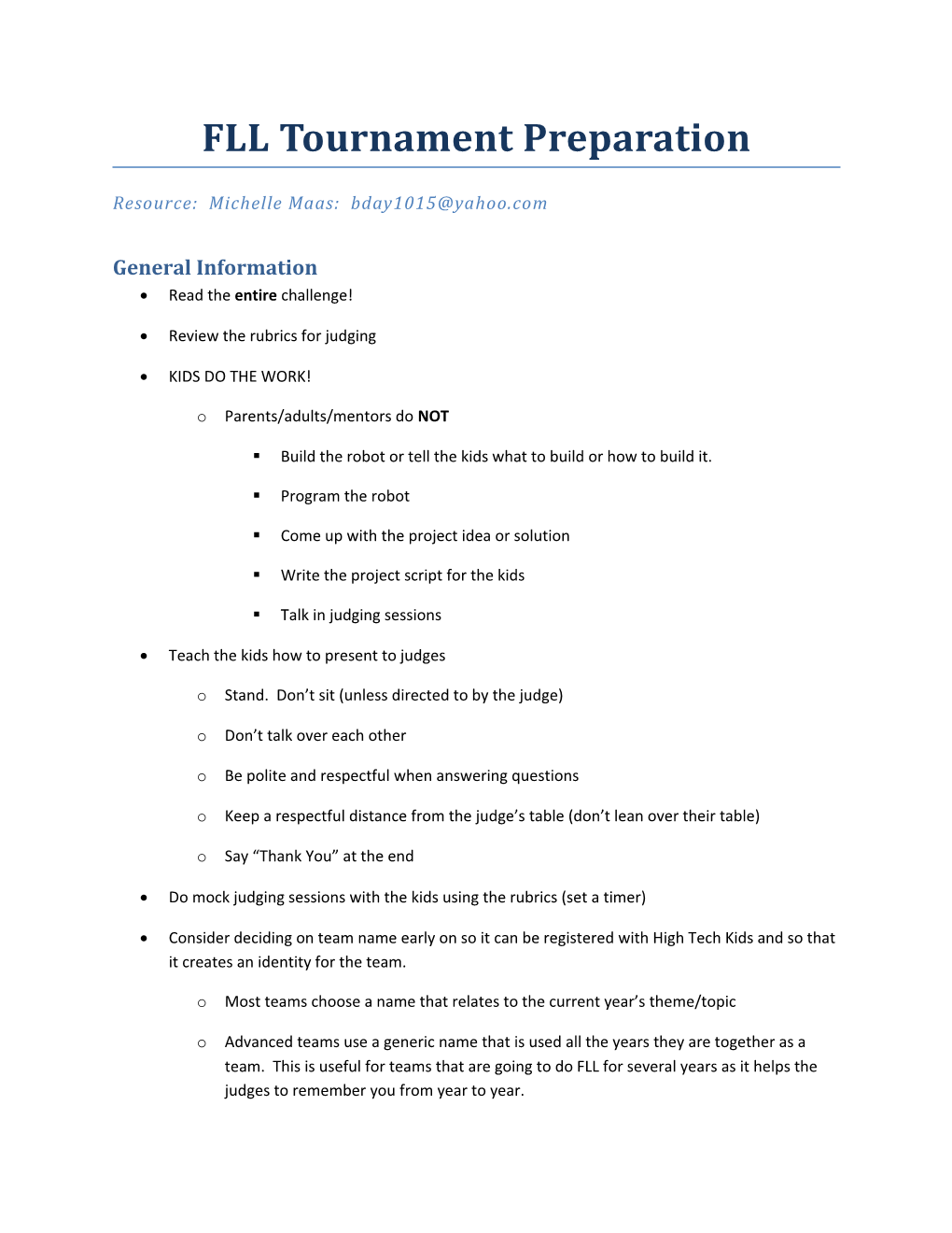 FLL Tournament Preparation