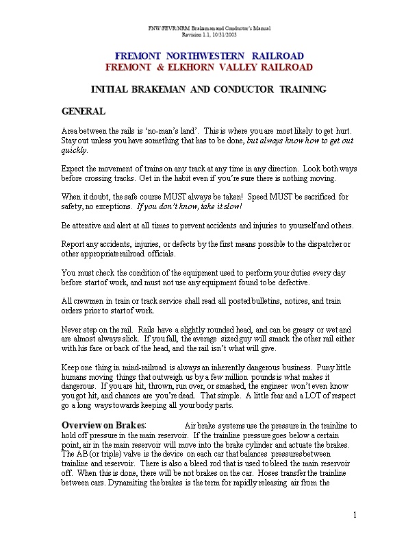 FNW Brakemen and Conductor Basic Training Manual